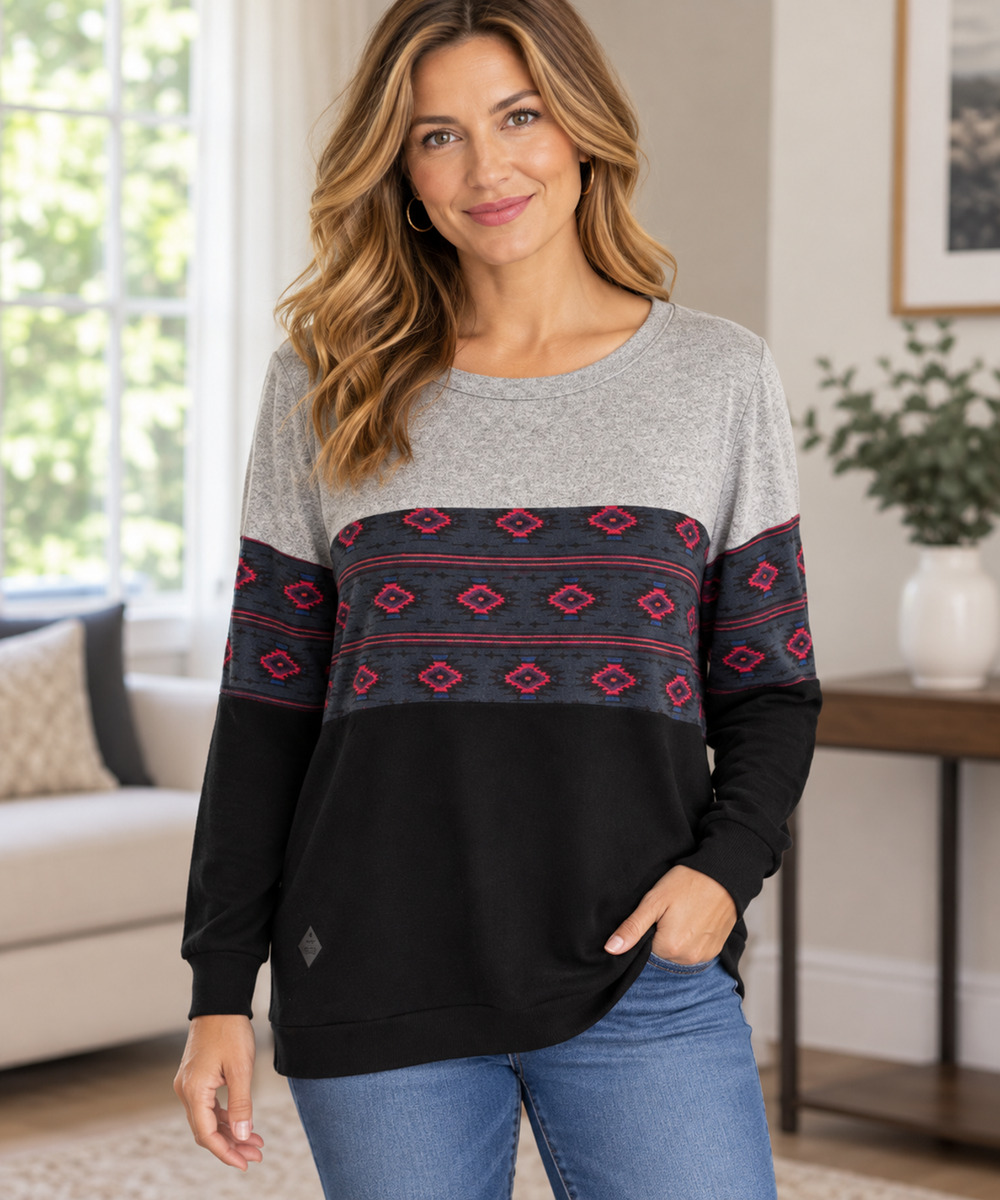 Simply Southern Women’s L Gray Black Geometric Print Long Sleeve Tunic Top 30”